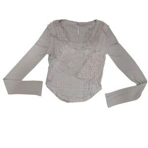 Free People‎ blue Lace Crochet Long Sleeve Sheer Overlay Crop Top S